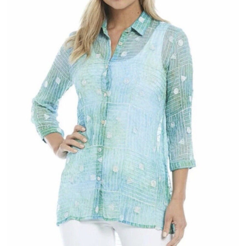 Ali Miles Tunic Top Womens 2X Artsy Embroidered Button Up Sheer Blue Nautical